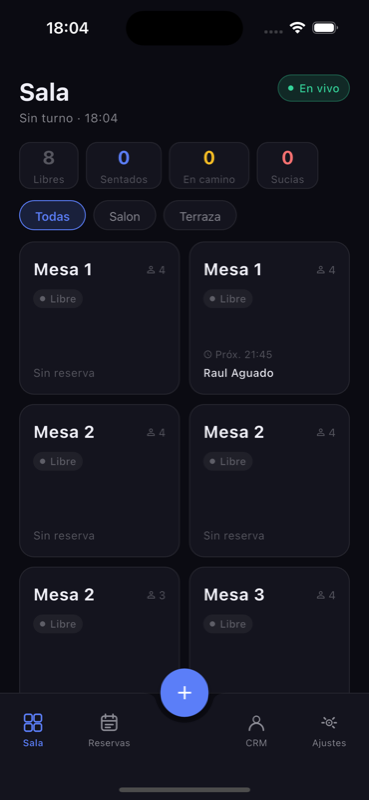 App de sala — pantalla de mesas